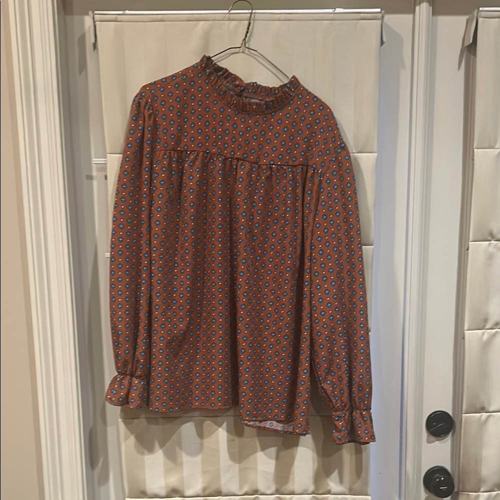 SHEIN Brown Ruffled Blouse with Mandarin Collar